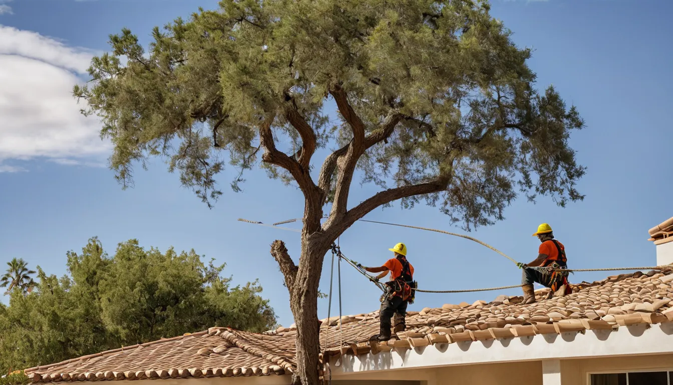 Tree removal provider cutting a large tree in sections beside a stucco home in Phoenix